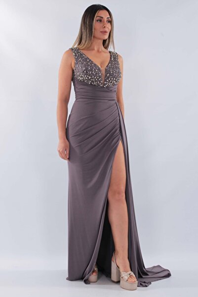 aşkın göksu Antrasit Kalın Askılı Beden Boncuk İşlemeli Göğüs Drapeli Likralı...