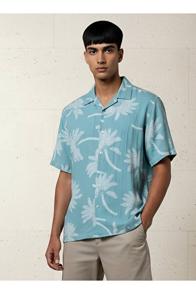 FAV قميص رجالي بأكمام قصيرة مطبوع عليه أشجار النخيل وياقة مفتوحة، مناسب للمنت...