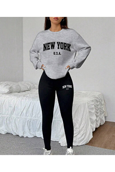 Ordorin New York Baskılı Kadın Tayt Sweatshirt Takım