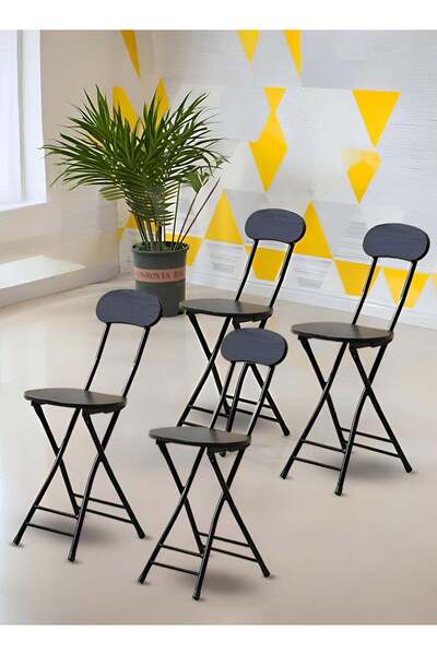 Taimi Set of 4 Folding Portable Camping Chairs with Metal Frame and Backrest, Black - 76H x 45W x 34D cm