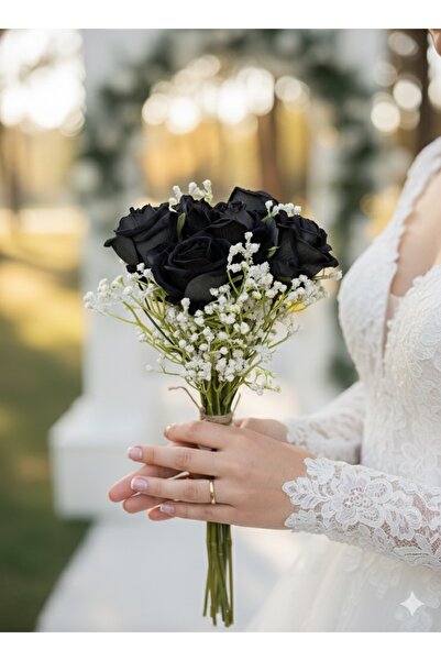 YASİMA 6-Piece Black Rose Bridal Hand-Arranged Bouquet with Chips, Special Day Decoration Bouquet