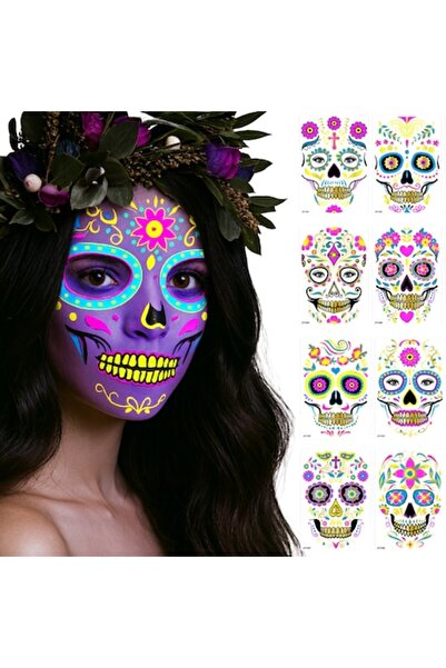 IdealTI Set of 8 Halloween Temporary Tattoos IdealTI® Day of the Dead, Blacklight Glow, Neon Sugar Skull