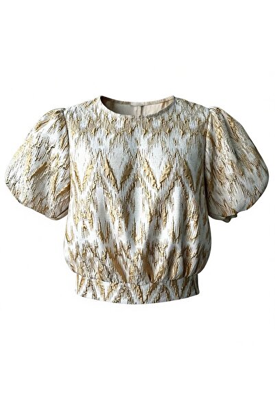 Eight Fashion Women's Jacquard Zigzag Patterned Balloon Sleeve Stylish Blouse with Gathered Waist