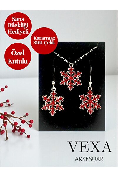 Vexa Aksesuar Kar Tanesi Çelik Kolye Küpe Seti Özel Kutulu Şans Bileklik Hedi...