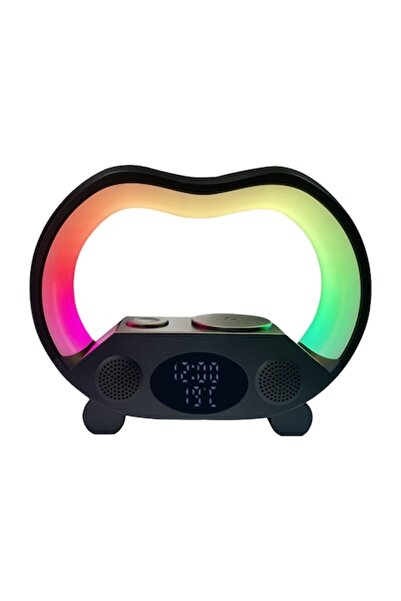 IdealTI Lampă inteligentă LED RGB 6 în 1 - Încărcare wireless 15W, Ceas, Alarmă, Difuzor Bluetooth, Negru