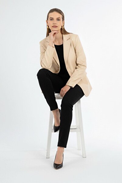 Deriderim Louisa Bej Blazer Kadın Hakiki Deri Ceket
