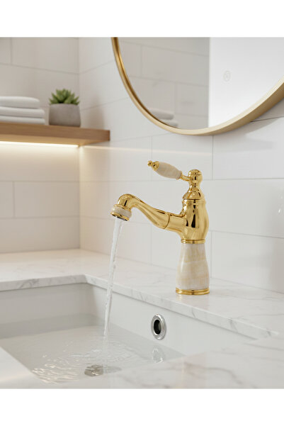 EMFA AKSESUAR صنبور حوض غسيل ذهبي بتصميم حلزوني مع تفاصيل رخامية - صنبور حوض ...