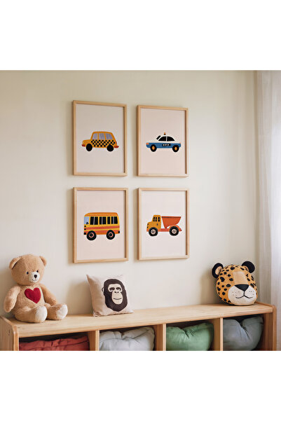 İkona Design Studio Çocuk Odası Arabalar Ahşap Çerçeveli 4'lü Poster Tablo Se...