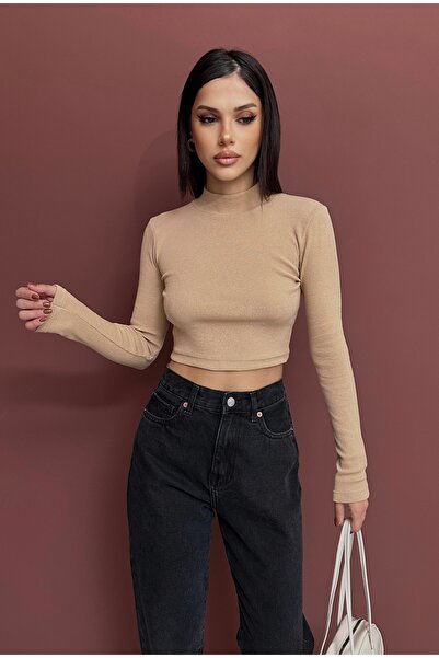 XELA YARIM BALIKÇI YAKA FİTİLLİ UZUN KOL KAŞKORSE CROP BLUZ