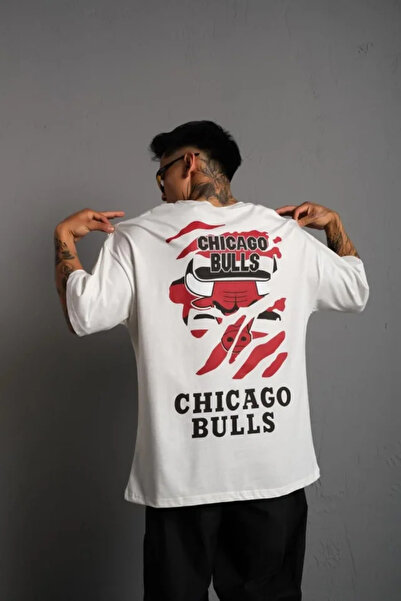 JANES Tricou oversize de calitate pentru bărbați cu imprimeu pe spate - alb