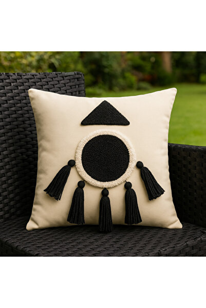 SAYMİNE غطاء وسادة بانش كيرلينت موديل أسود مزين بالشرّابات