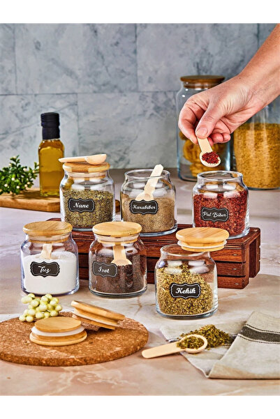 Tasarım Evi Luxury Spice Set with 6 Spoons Glass Jar Storage Container (300 ML SPICE JAR SET)