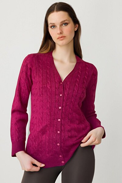 Desen Triko Women's V-Neck Stitch-Free Hair Braided Cardigan Cherry
