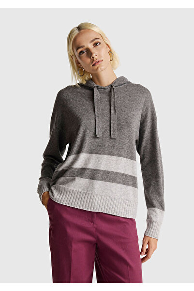 United Colors of Benetton Women's Anthracite Melange Wool and Cashmere Blend Hooded Sweater