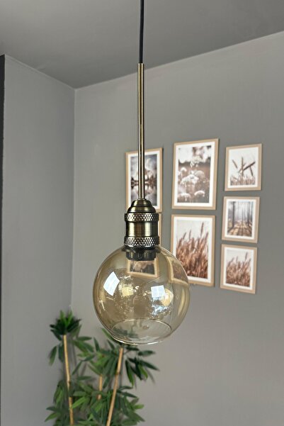 Bamyum Oria Bal Rengi Cam Tekli Avize Eskitme Uzun Lale Başlık Retro Sarkıt L...