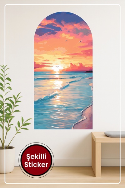 KOSS Dijital Oval Şekilli Gün Batımı Sahil Manzaralı Dekoratif Duvar Sticker ...