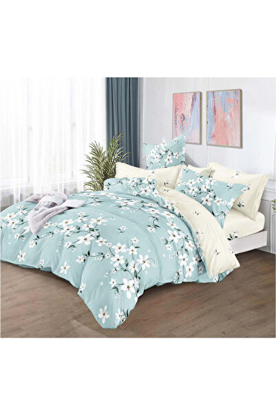 trendyhome 6-Piece Finet Cotton Bedding Set with Elastic, Flowers, Blue, T 29