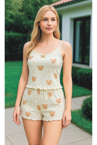 MODA YILDIZ Σετ σορτς με σχέδιο αρκουδάκι – Καλοκαιρινό μοντέλο με λεπτές τιράντες