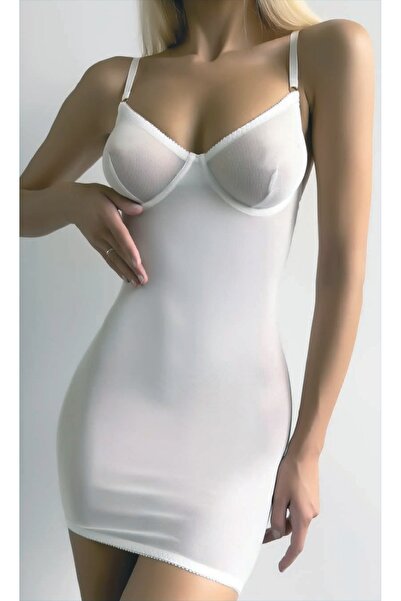 MODA YILDIZ Λευκό διαφανές μίνι νυχτικό – Κομψό σχέδιο με λεπτές τιράντες