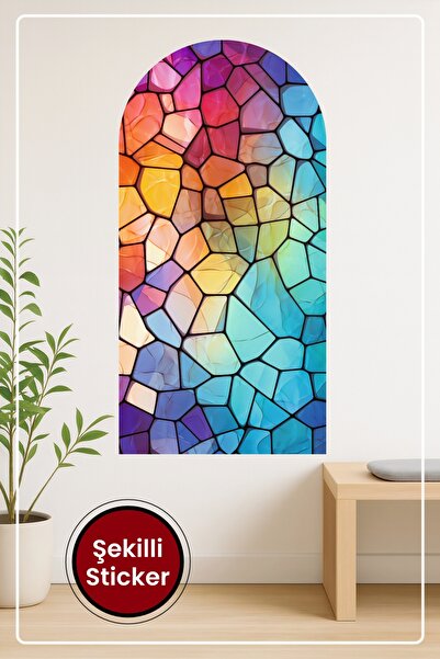 KOSS Dijital Oval Şekilli Vitray Efektli Sticker Renkli Soyut Desenler Temalı Dekoratif Duvar Manzara