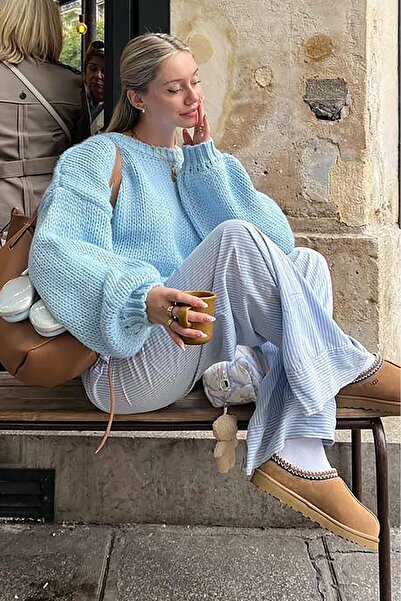 Seeh Bebe Mavisi Balon Kol Kadın Triko Kazak SH332