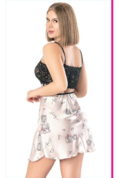 Pi Giyim Patterned Satin Mini Nightgown – Lace Chest Detail Design