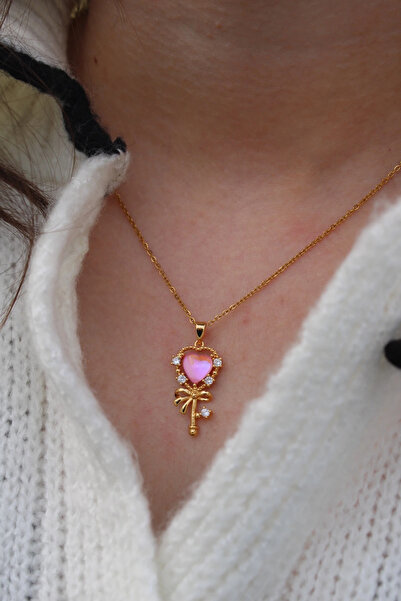 Harlofia Jewelry Steel pink heart key pendant