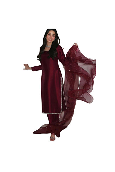 MYSMAR بلوزة وبنطال من الحرير بلون عنابي - HRT4517 | عنابي