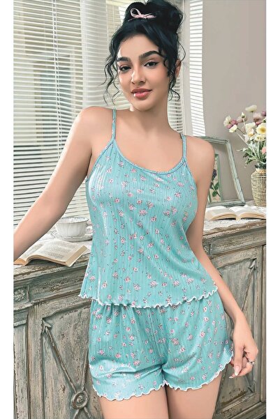 PİERLES Set de pantaloni scurți cu model floral verde mentă – Set cu bretele ...