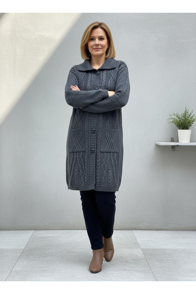 nacar çarşı Women's Mother Smoked Hair Knit Patterned Buttoned Pocketed Long ...