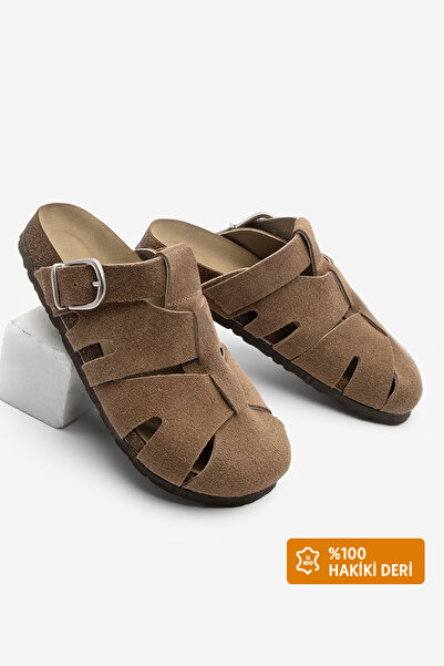 Marjin Women's Genuine Leather Closed Front Casual Suede Slippers Yolis Camel Suede