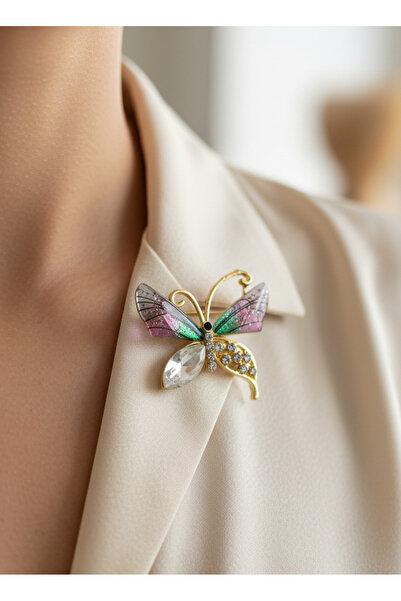 GKCBijoux Mineli ve Kristal Taşlı Kelebek Broş - Gold Renk Işıltılı Ceket Yaka İğnesi