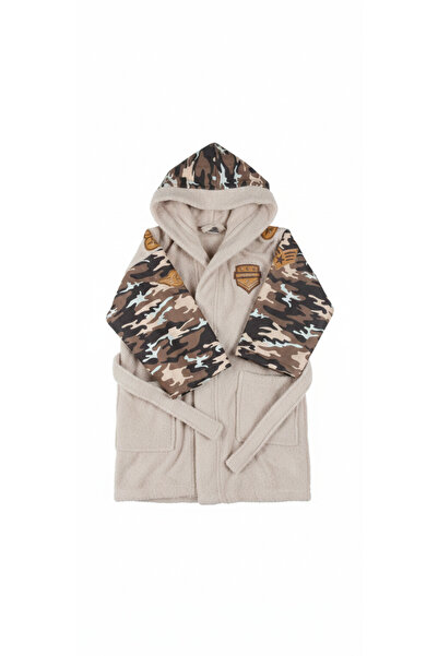 Minteks %100 Pamuk Kamuflaj Desenli Kapüşonlu Çocuk Bornozu Bej