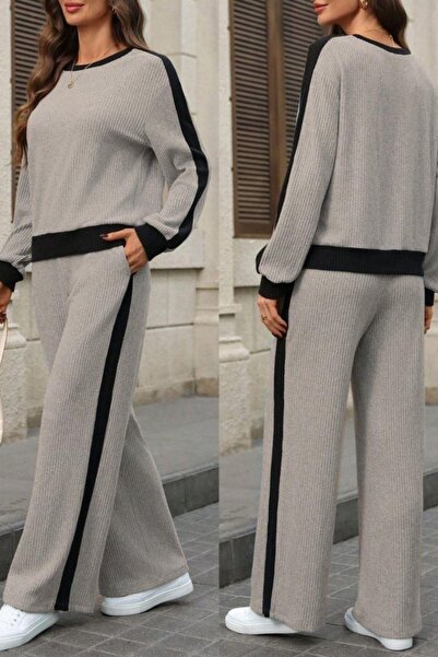 Mossta Crew Neck Striped Fleece-Lined Ribbed Knit Blouse Pants Two-Piece Set - Beige