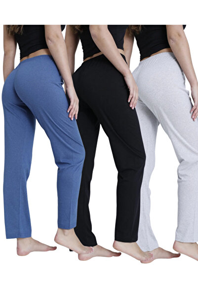 DONEX 3-Piece Cotton Thin Breathable Fabric Ribbon Waist Detail Solid Pocketless Women's Pajama Bottoms