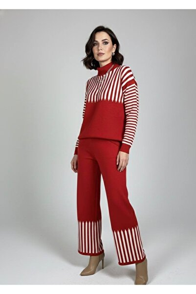 YusGos Women's Arm and Leg Striped Detail Piece Top Bottom Pants Sweater Knitwear Set