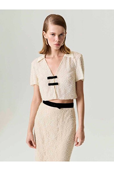 Nocturne İnci İşlemeli Fiyonk Detaylı Bluz