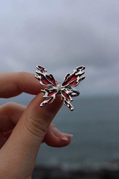 Harlofia Jewelry خاتم فراشة قوطي قابل للتعديل باللون الأحمر والفضي