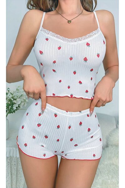 MODA YILDIZ Σετ σορτς με λευκό σχέδιο φράουλας – Καλοκαιρινό σετ με λεπτές τιράντες