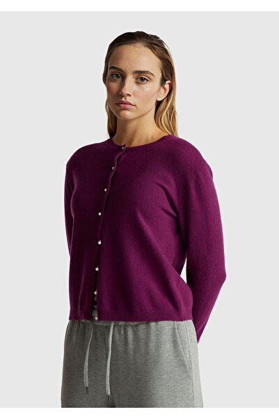 United Colors of Benetton Women's Plum 100% Merino Crew Neck Pearl Button Cardigan