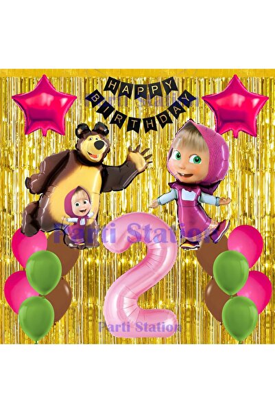 Parti Station Masha ve Koca Ayı Temalı 2 Yaş Balon Doğum Günü Süsleme Seti Fo...
