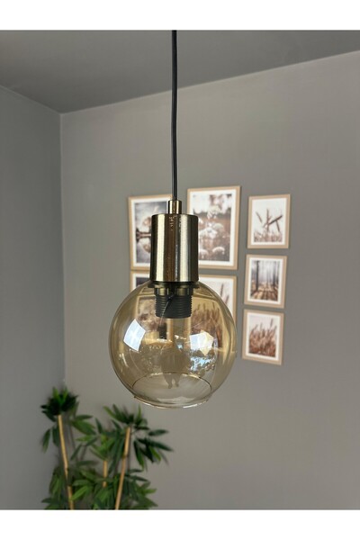 Bamyum Oria Bal Rengi Cam Tekli Avize Kalın Eskitme Fener Başlık Retro Sarkıt...