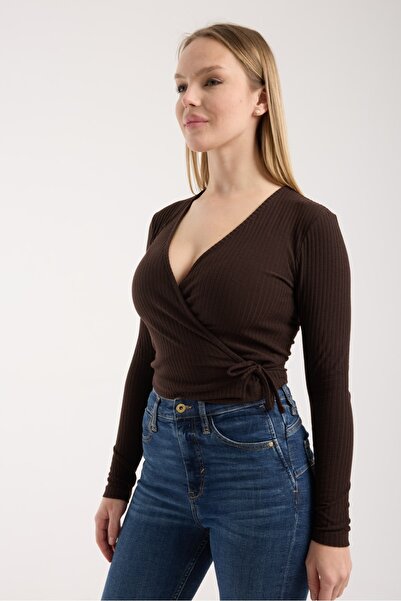 G-FOX Women's Corded Fabric Double-Breasted V-Neck Long Sleeve Blouse – Stretchy Bodycon Slim Fit, Stylish Crop 3017