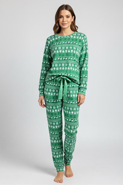 İPEKTENİM Geyik ve Kristal Kar Taneleri Desenli Yılbaşı Temalı Pijama Takımı
