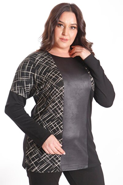Metpoint Trend42Plus Large Size Front Leather Piece Paneled Black Blouse