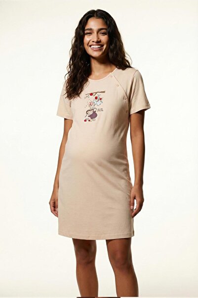 cotonhause Women's Pregnant Maternity Beige Tunic 100% Cotton Breastfeeding Easy Short Sleeve Model Cot521244