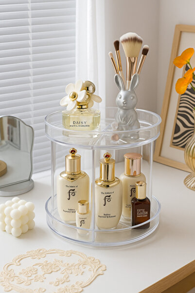 PooleMark Şeffaf 2 Katlı 360 Derece Döner Organizer Mutfak Baharatlık Makyaj ...