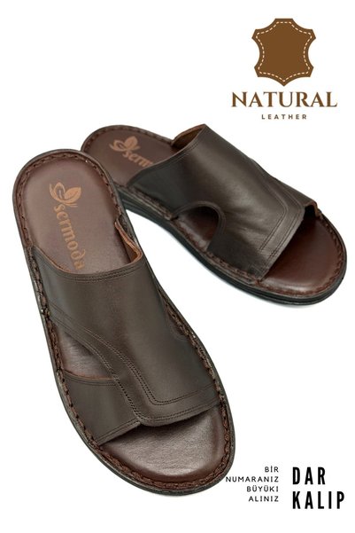 sermoda Genuine Leather Men's Lightweight Slippers Leather A Brown