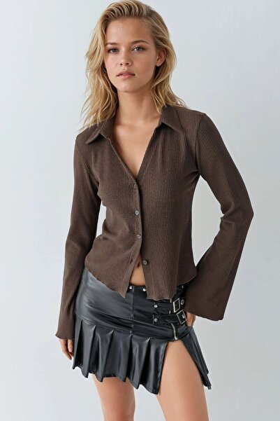 Hiccup Düğmeli Uzun Kollu Dokulu Bluz