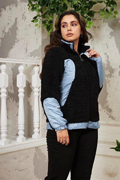 RMG Garnished Plus Size Curly Black Coat